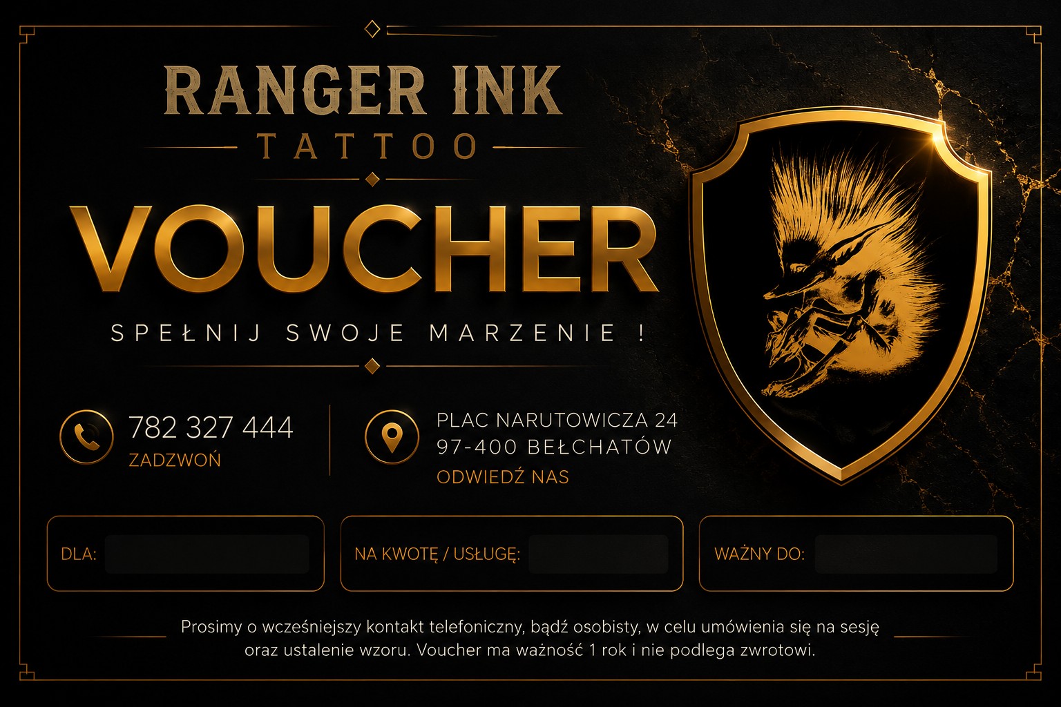 Voucher podarunkowy Ranger Ink Tattoo Studio