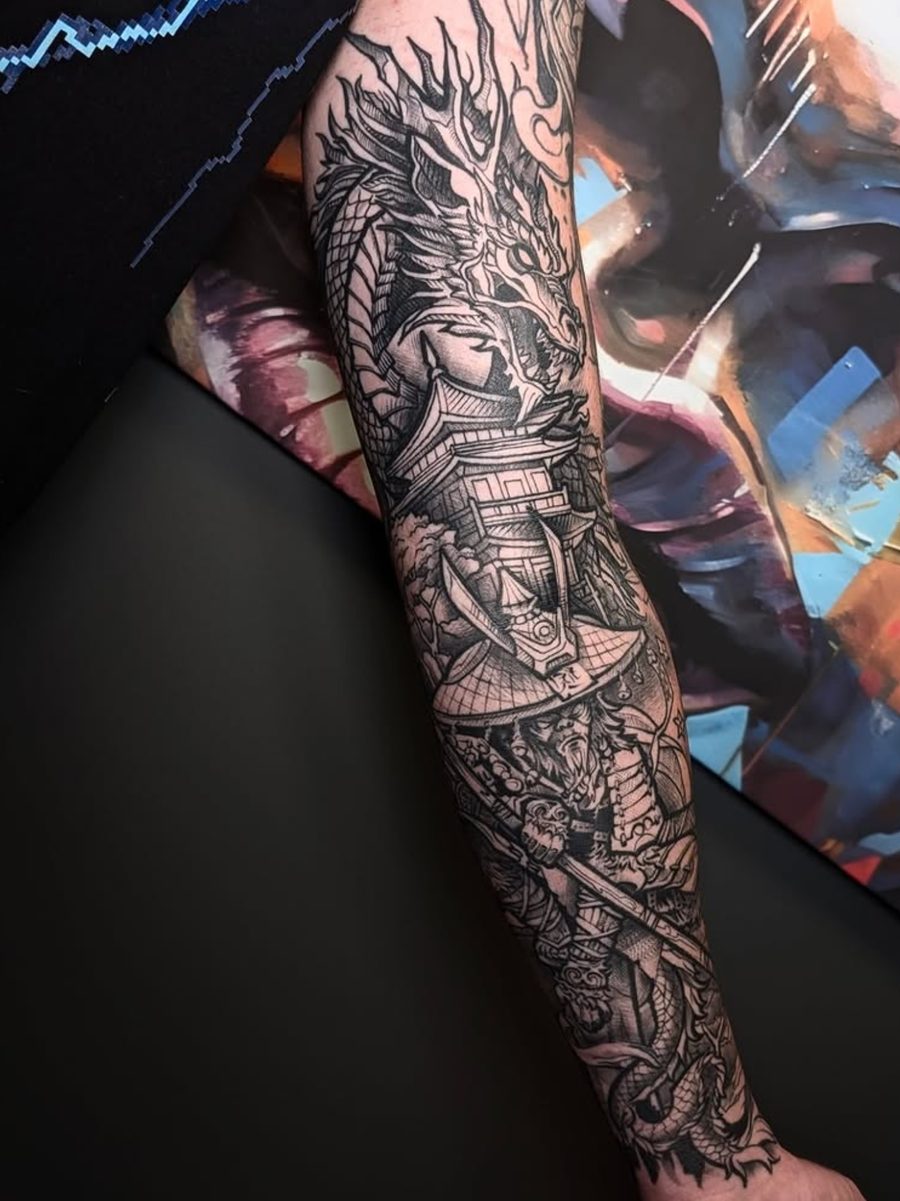 Smok i samuraj, tatuaż graficzny — realizacja Ranger Ink